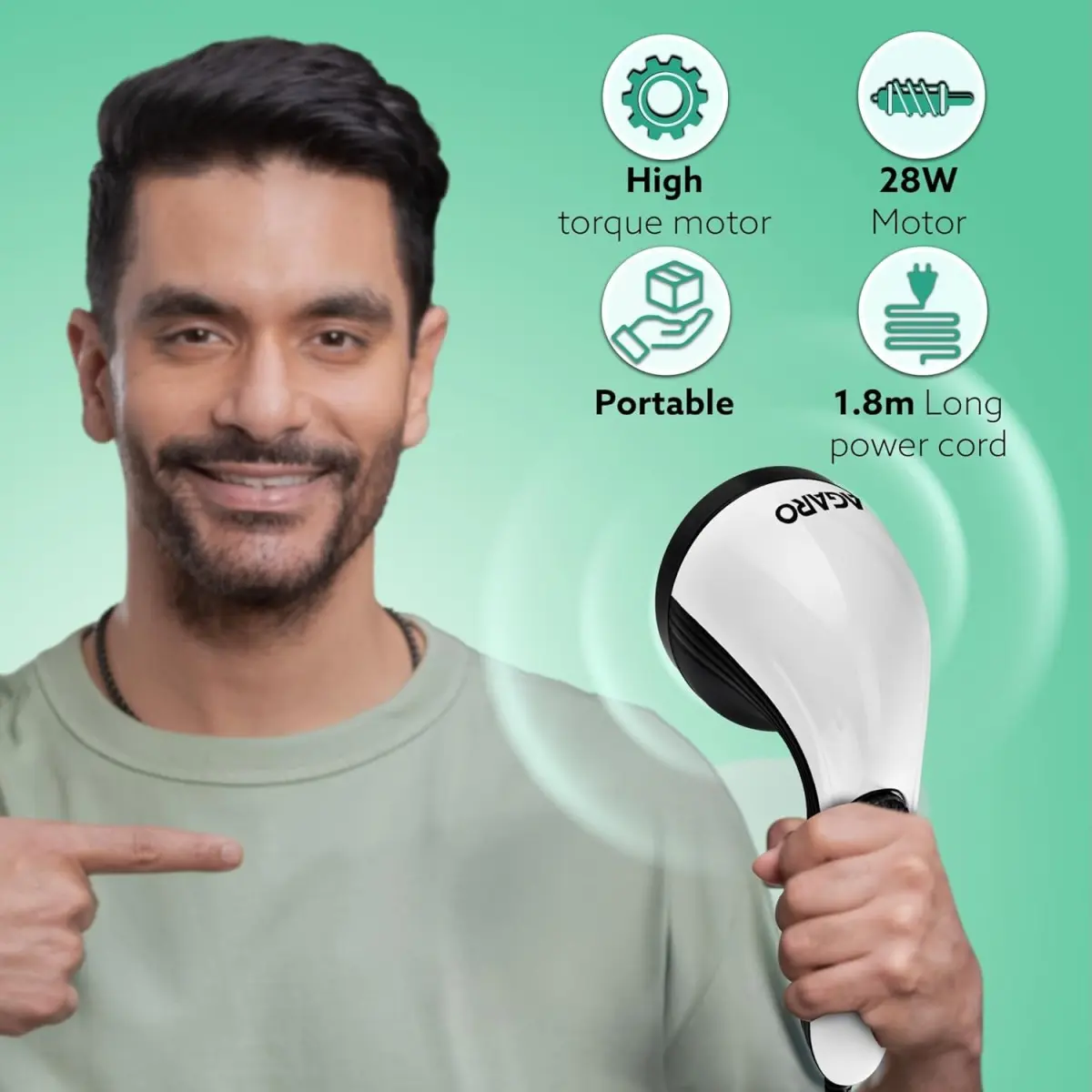 AGARO Atom Plus Handheld Massager, 4 Heads, Mesh Cover, Variable Speed, Pain Relief & Relaxation for Back, Legs & Feet
