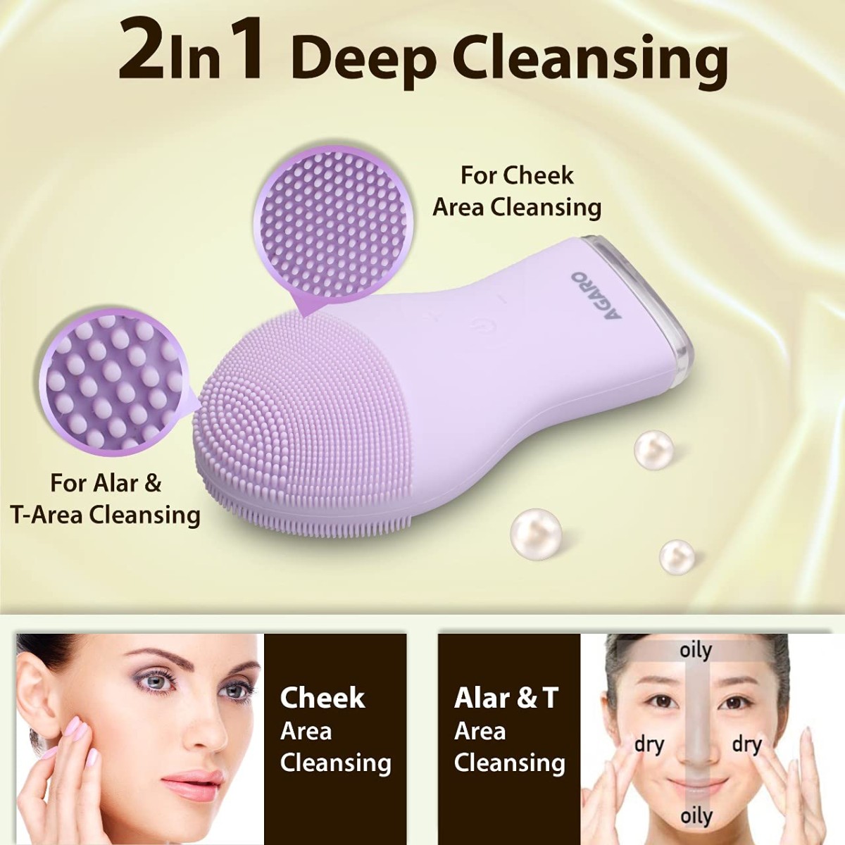 AGARO CM2107 Sonic Facial Cleansing Massager, Soft Silicone Facial Cleansing Brush for Deep Cleansing, Skin Care, Gentle Exfoliating & Massaging, Waterproof & Dustproof, Vibrating Facial Brush, Purple