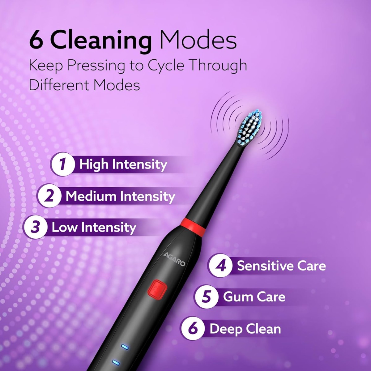 AGARO COSMIC Lite Sonic Electric Toothbrush for Adults with 6 Modes, 3 Brush Heads