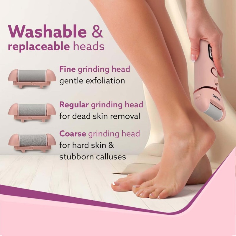 AGARO Callus Remover with 3 Interchangeable Head Rollers, Electronic Foot Scrubber For Callus & Dead Skin Removal, Pedicure Device, 2 Speed, Rechargeable Foot Care, Waterproof, CR1727, Pink