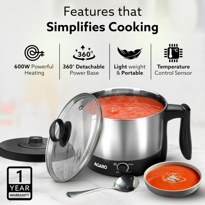 AGARO Esteem Electric Multi Kettle 1.2L, 600W, with Stainless Steel Body, Egg Rack, Grill Rack, 3 Heating Modes & Rapid Boil Technology, Boiling Water, Tea, Coffee, Oats, Noodle, Soup AGARO Esteem Electric Multi Kettle 1.2L, 600W, with Stainless Steel Body, Egg Rack, Grill Rack, 3 Heating Modes & Rapid Boil Technology, Boiling Water, Tea, Coffee, Oats, Noodle, Soup
