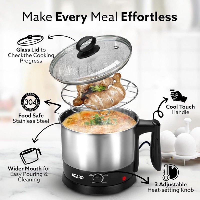 AGARO Esteem Electric Multi Kettle 1.2L, 600W, with Stainless Steel Body, Egg Rack, Grill Rack, 3 Heating Modes & Rapid Boil Technology, Boiling Water, Tea, Coffee, Oats, Noodle, Soup AGARO Esteem Electric Multi Kettle 1.2L, 600W, with Stainless Steel Body, Egg Rack, Grill Rack, 3 Heating Modes & Rapid Boil Technology, Boiling Water, Tea, Coffee, Oats, Noodle, Soup