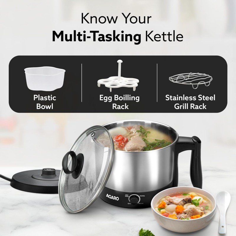 AGARO Esteem Electric Multi Kettle 1.2L, 600W, with Stainless Steel Body, Egg Rack, Grill Rack, 3 Heating Modes & Rapid Boil Technology, Boiling Water, Tea, Coffee, Oats, Noodle, Soup AGARO Esteem Electric Multi Kettle 1.2L, 600W, with Stainless Steel Body, Egg Rack, Grill Rack, 3 Heating Modes & Rapid Boil Technology, Boiling Water, Tea, Coffee, Oats, Noodle, Soup