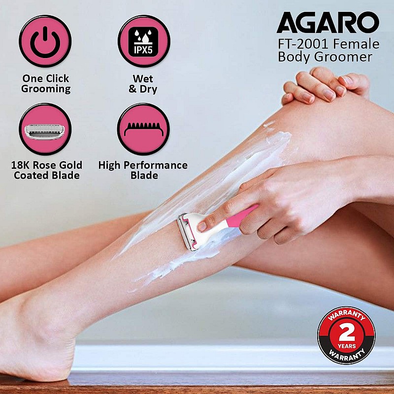 AGARO FT-2001 Female Electric Trimmer/Shaver for Arms, Legs, Body & Bikini Area, Hair Removal, Electric Trimmer for Women, Pink