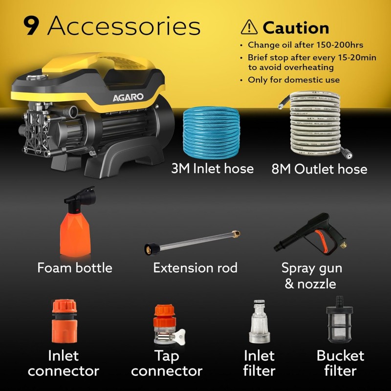 AGARO Galaxy High Pressure Washer, Car Washer, 1900 Watts Motor, 130 Bars, 7L/Min Flow Rate, 8 Meters Outlet Hose, Portable, Car, Bike & Home Cleaning Purpose, Yellow & Black