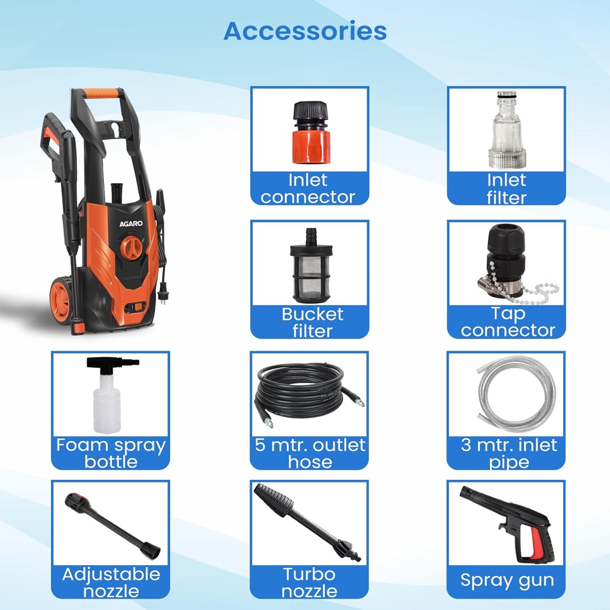 AGARO Grand High Pressure Washer, 1500 Watts, 110 Bars, 6.5L/Min Flow Rate, 5 Meters Outlet Hose,Upright Design with Wheel, for Car,Bike and Home Cleaning Purpose, Free Turbo Nozzle, Black and Orange AGARO Grand High Pressure Washer, 1500 Watts, 110 Bars, 6.5L/Min Flow Rate, 5 Meters Outlet Hose,Upright Design with Wheel, for Car,Bike and Home Cleaning Purpose, Free Turbo Nozzle, Black and Orange