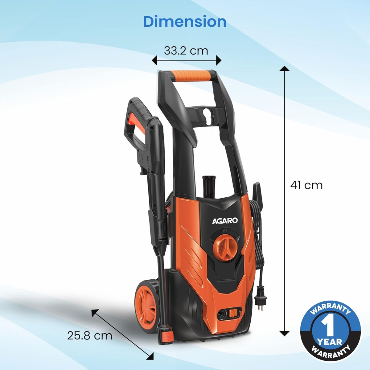 AGARO Grand High Pressure Washer, 1500 Watts, 110 Bars, 6.5L/Min Flow Rate, 5 Meters Outlet Hose,Upright Design with Wheel, for Car,Bike and Home Cleaning Purpose, Free Turbo Nozzle, Black and Orange AGARO Grand High Pressure Washer, 1500 Watts, 110 Bars, 6.5L/Min Flow Rate, 5 Meters Outlet Hose,Upright Design with Wheel, for Car,Bike and Home Cleaning Purpose, Free Turbo Nozzle, Black and Orange