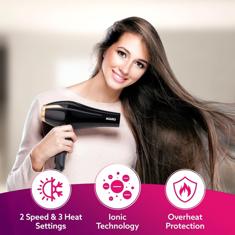 AGARO HD-1130 2000 Watts Professional Hair Dryer with AC Copper Motor, Concentrator, Diffuser, Comb, Hot & Cold Air, 2 Speed 3 Temperature Settings with Cool Shot, For both Men & Women, Black