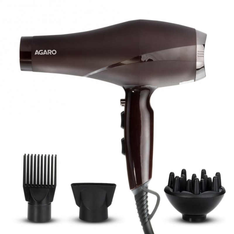 AGARO HD-1130 2000 Watts Professional Hair Dryer with AC Copper Motor, Concentrator, Diffuser, Comb, Hot & Cold Air, 2 Speed 3 Temperature Settings with Cool Shot, For both Men & Women, Black