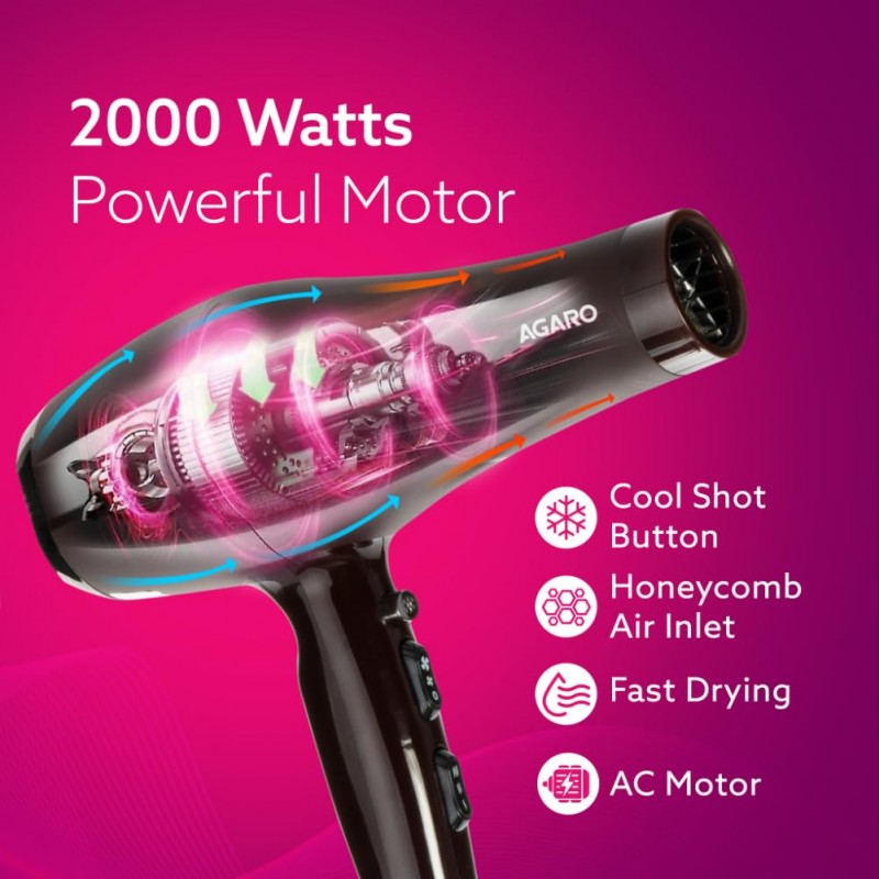 AGARO HD-1130 2000 Watts Professional Hair Dryer with AC Copper Motor, Concentrator, Diffuser, Comb, Hot & Cold Air, 2 Speed 3 Temperature Settings with Cool Shot, For both Men & Women, Black