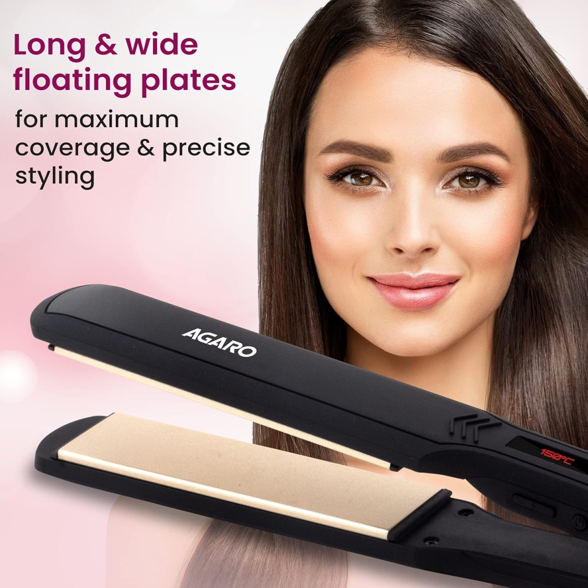 AGARO Hair Straightener, Ceramic Coated Plates, Adjustable Temperature, PTC Heating, Fast Heating, Hair Straightening, Hair Styling Iron For women, HS1947, Black