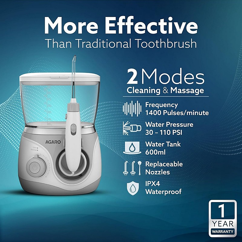 AGARO Max Tabletop Dental Flosser for teeth with 2 Cleaning Modes & 10 Pressure Settings, 600ml Watertank, Oral Flosser, Oral Irrigator