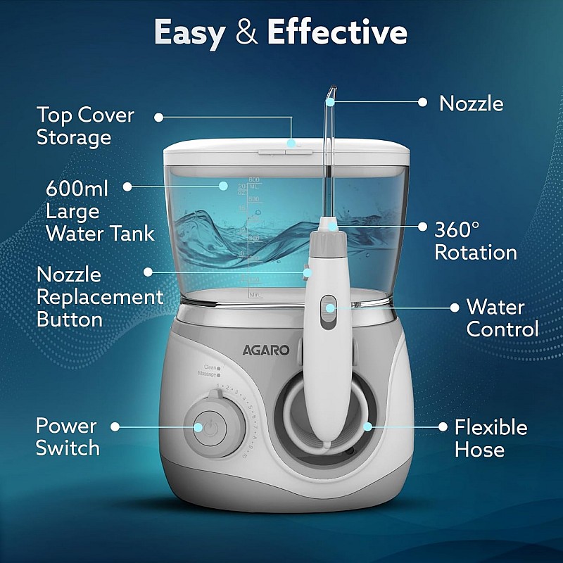 AGARO Max Tabletop Dental Flosser for teeth with 2 Cleaning Modes & 10 Pressure Settings, 600ml Watertank, Oral Flosser, Oral Irrigator