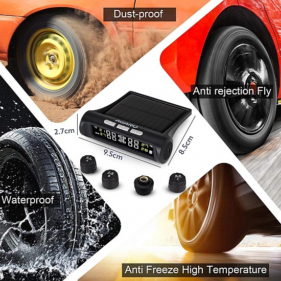 AGARO Primo Tyre Pressure Monitoring System, External USB/Solar TPMS (Car Tyre Pressure Monitoring System) Suitable for All Car with 4 Tires Sensors PSI & Temperature Display (External Sensors)