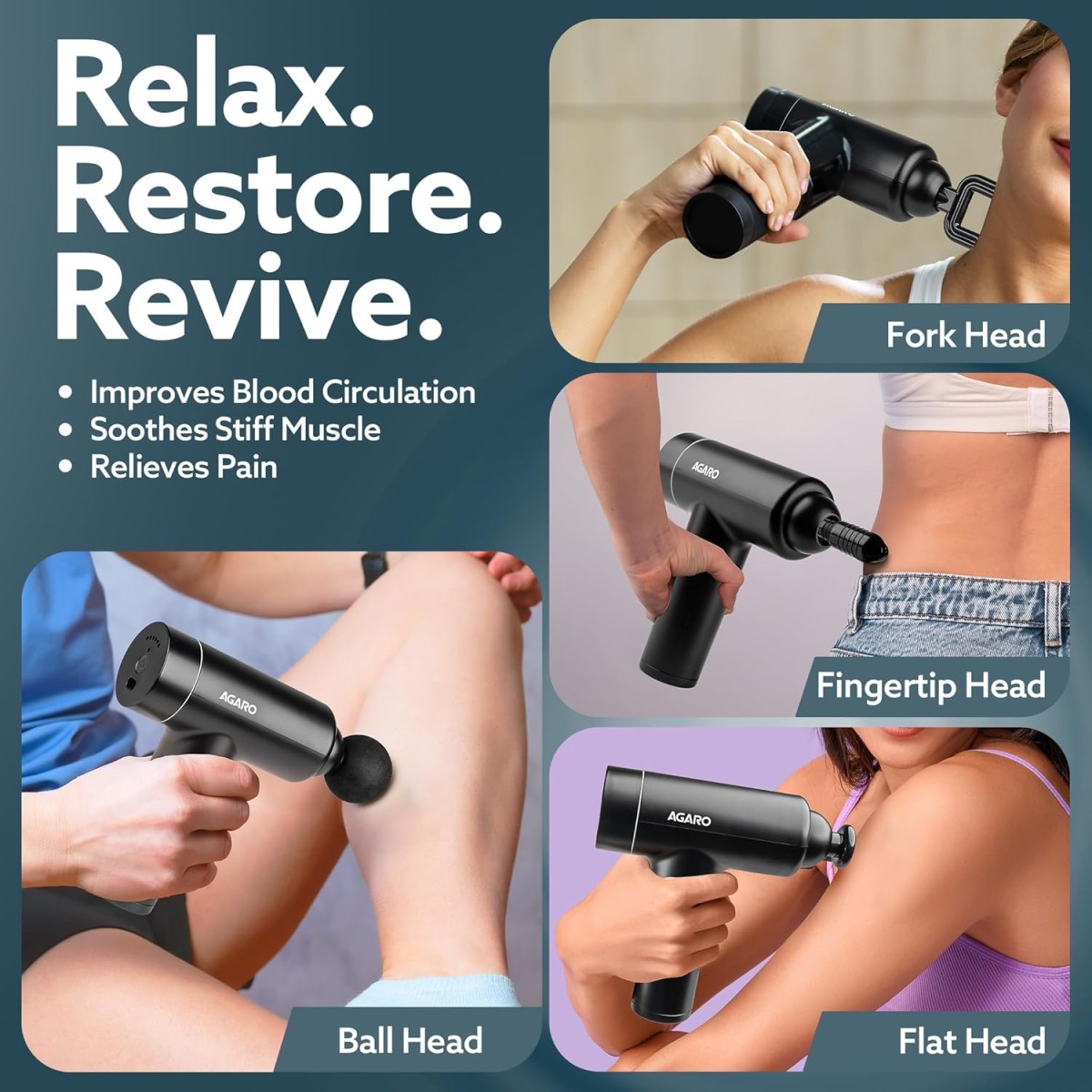 AGARO Regal Gun Massager, 4 Heads, 6 Speed, Rechargeable, Handheld, Percussion Muscle Massager for Full Body Relief, Muscle Relaxation of Neck, Shoulder, Back, Foot for Men & Women, Black (33549)
