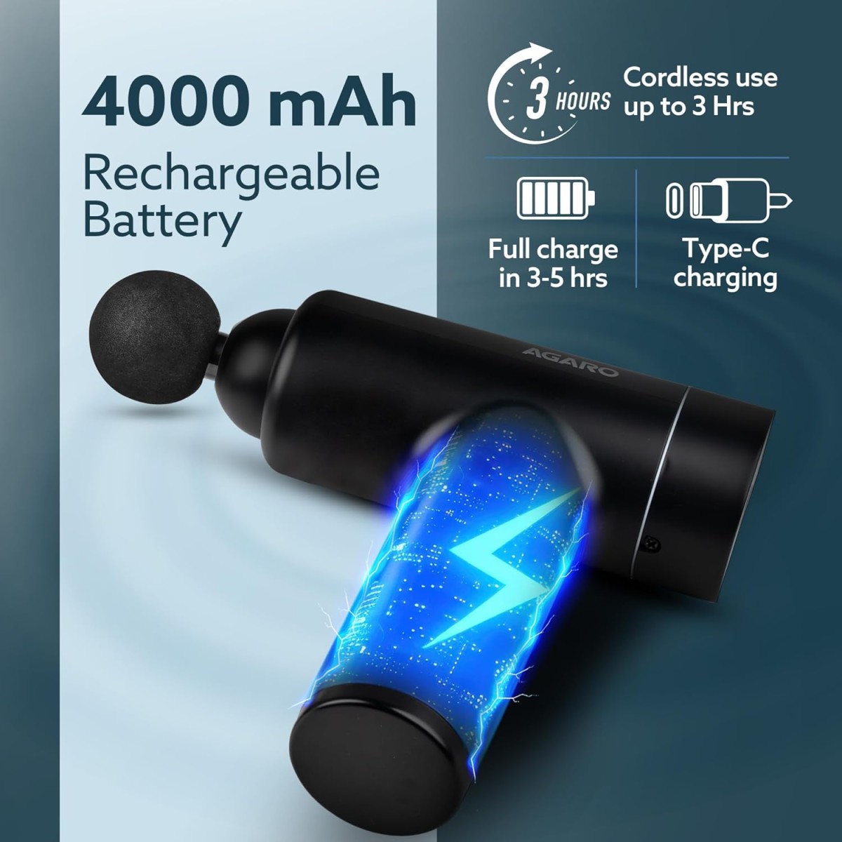 AGARO Regal Gun Massager, 4 Heads, 6 Speed, Rechargeable, Handheld, Percussion Muscle Massager for Full Body Relief, Muscle Relaxation of Neck, Shoulder, Back, Foot for Men & Women, Black (33549)