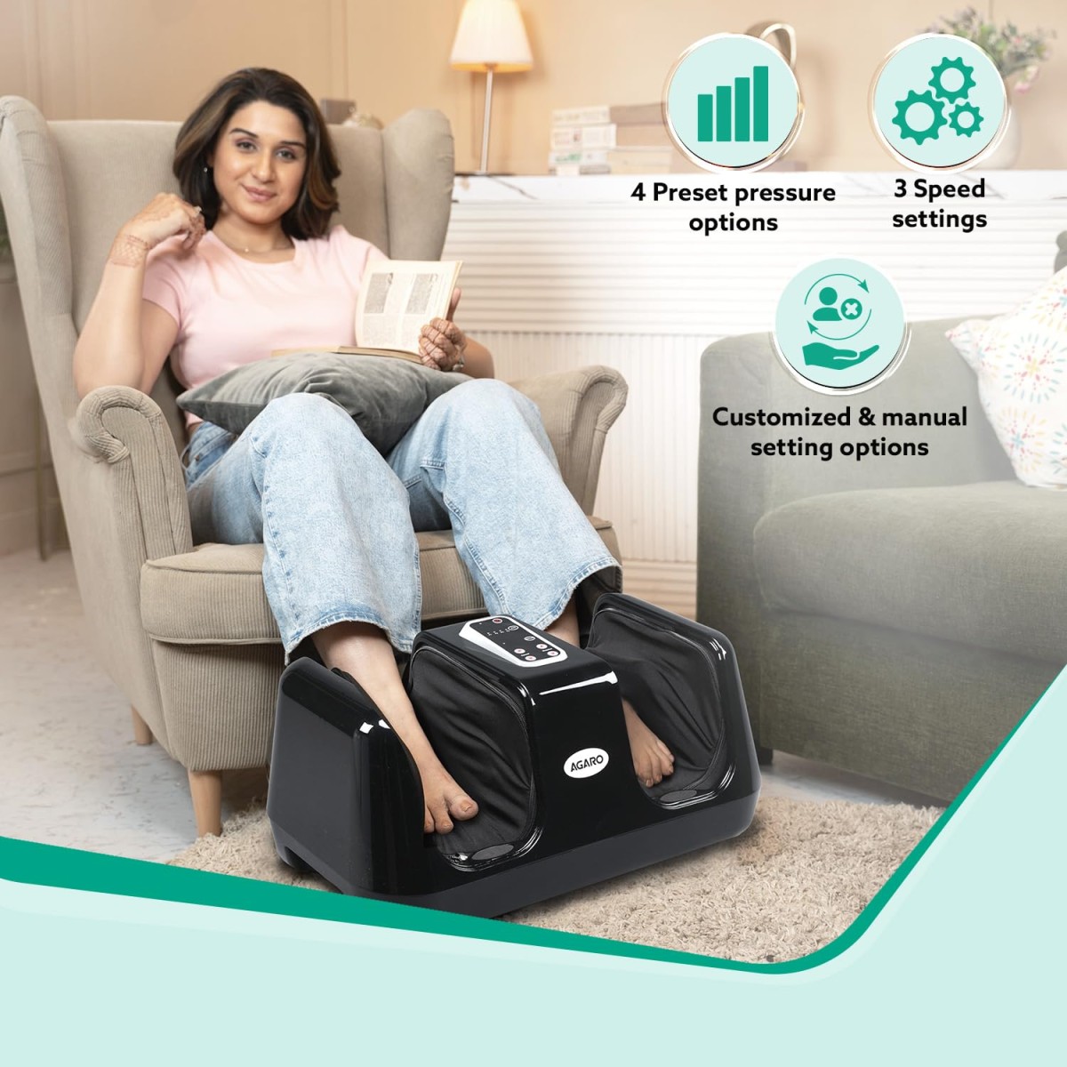 AGARO Square Shiatsu Foot Massager with Kneading Function for Muscle Relief & improving Blood Circulation, Corded Electric, Black