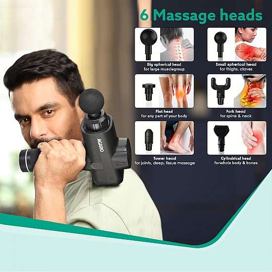 AGARO Supreme Handheld Percussion Massage Gun, Brushless Motor, Massage Machine, Body Massager, Rechargeable, 6 Massage Heads, 20 Speed Settings, Carry Case, Deep Tissue Body Massage, Pain Relief