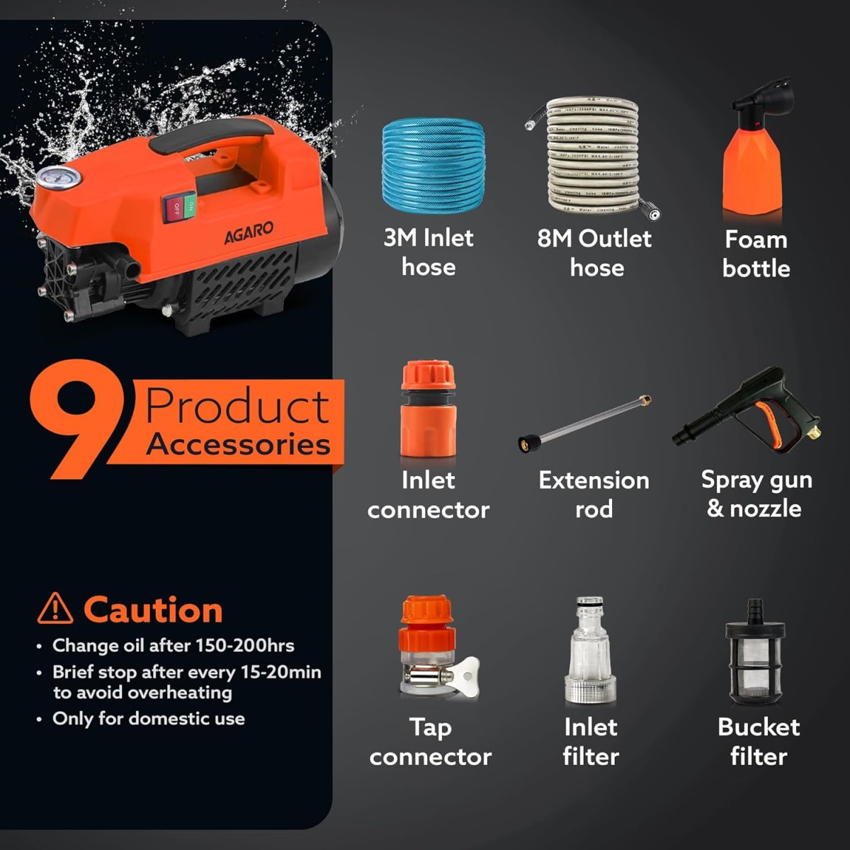 AGARO Supreme High Pressure Washer, Car Washer, 1800 Watts Motor, 120 Bars, 6.5L/Min Flow Rate, 8 Meters Outlet Hose, Portable, Car, Bike & Home Cleaning, Black and Orange