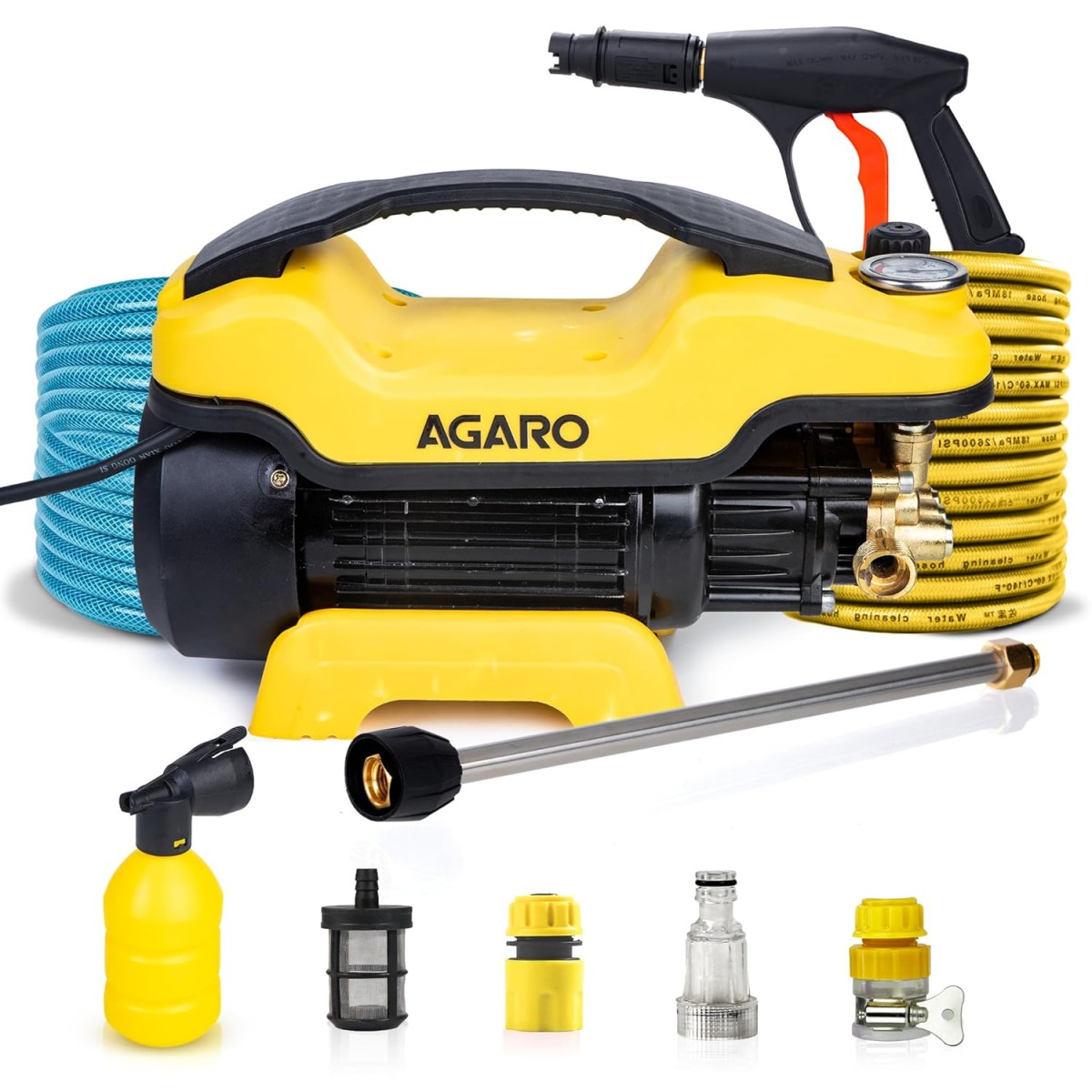 AGARO Supreme Plus Pressure Washer, Car Washer, 2200 Watts Motor, 8L/Min Flow Rate, 140 Bars, Adjustable Pressure Regulator, 8M Outlet Hose, 4M Power Cord, Car, Bike & Home Cleaning, Yellow AGARO Supreme Plus Pressure Washer, Car Washer, 2200 Watts Motor, 8L/Min Flow Rate, 140 Bars, Adjustable Pressure Regulator, 8M Outlet Hose, 4M Power Cord, Car, Bike & Home Cleaning, Yellow