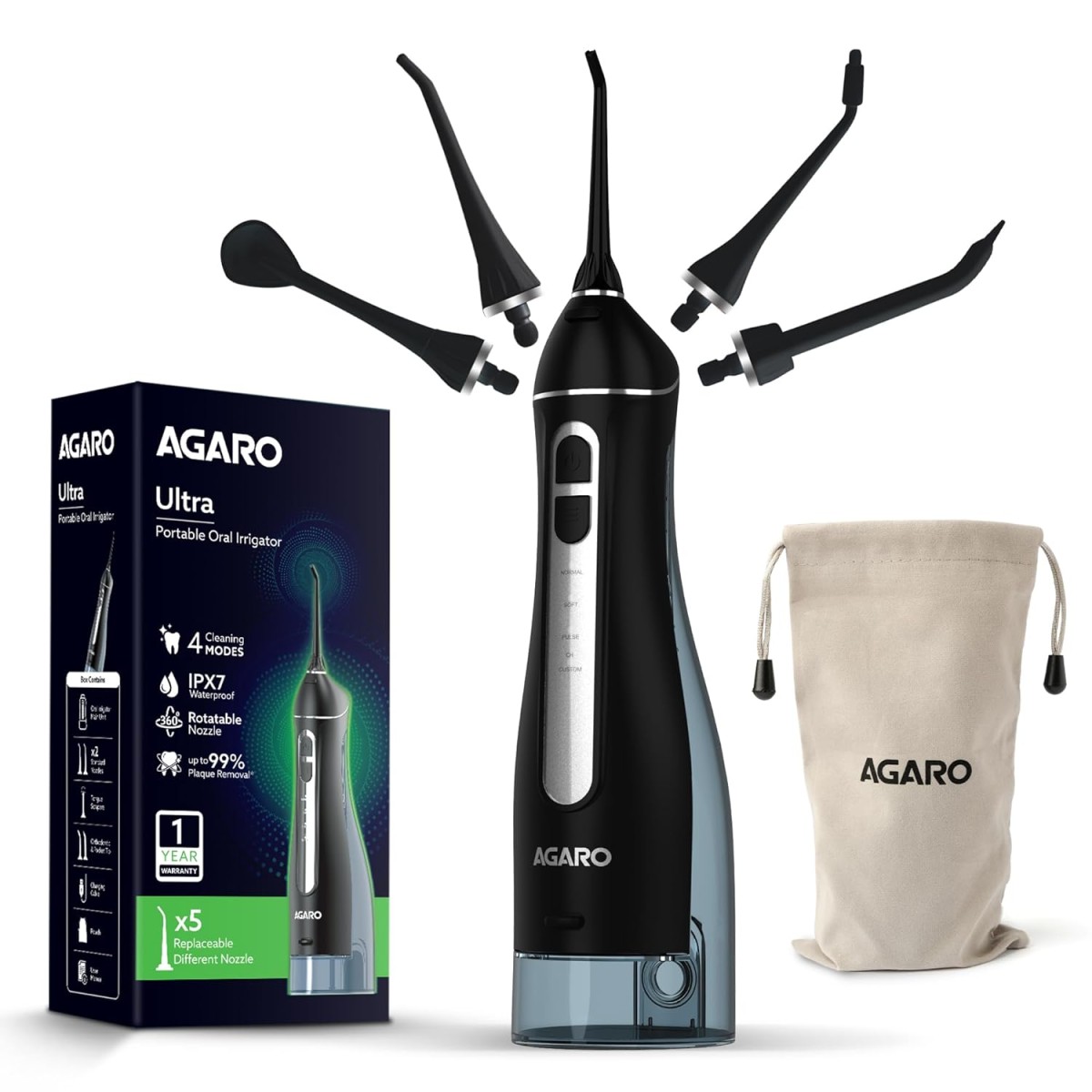 AGARO Ultra Dental Flosser for teeth, 5 Nozzles, Portable,Cordless & Rechargeable,4 Cleaning