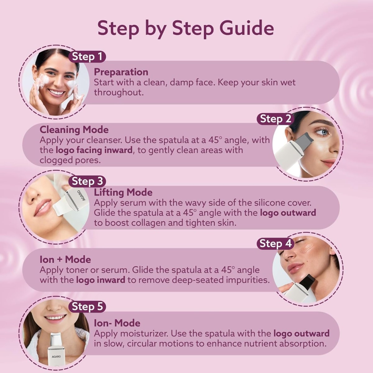 AGARO Ultrasonic Facial Skin Scrubber for Wet Skin, Blackheads Remover and Facial Pores Cleaner with 4 Modes, Stainless Steel Spatula Safe for Skin, 2 Silicone Covers Included, Rechargeable, White