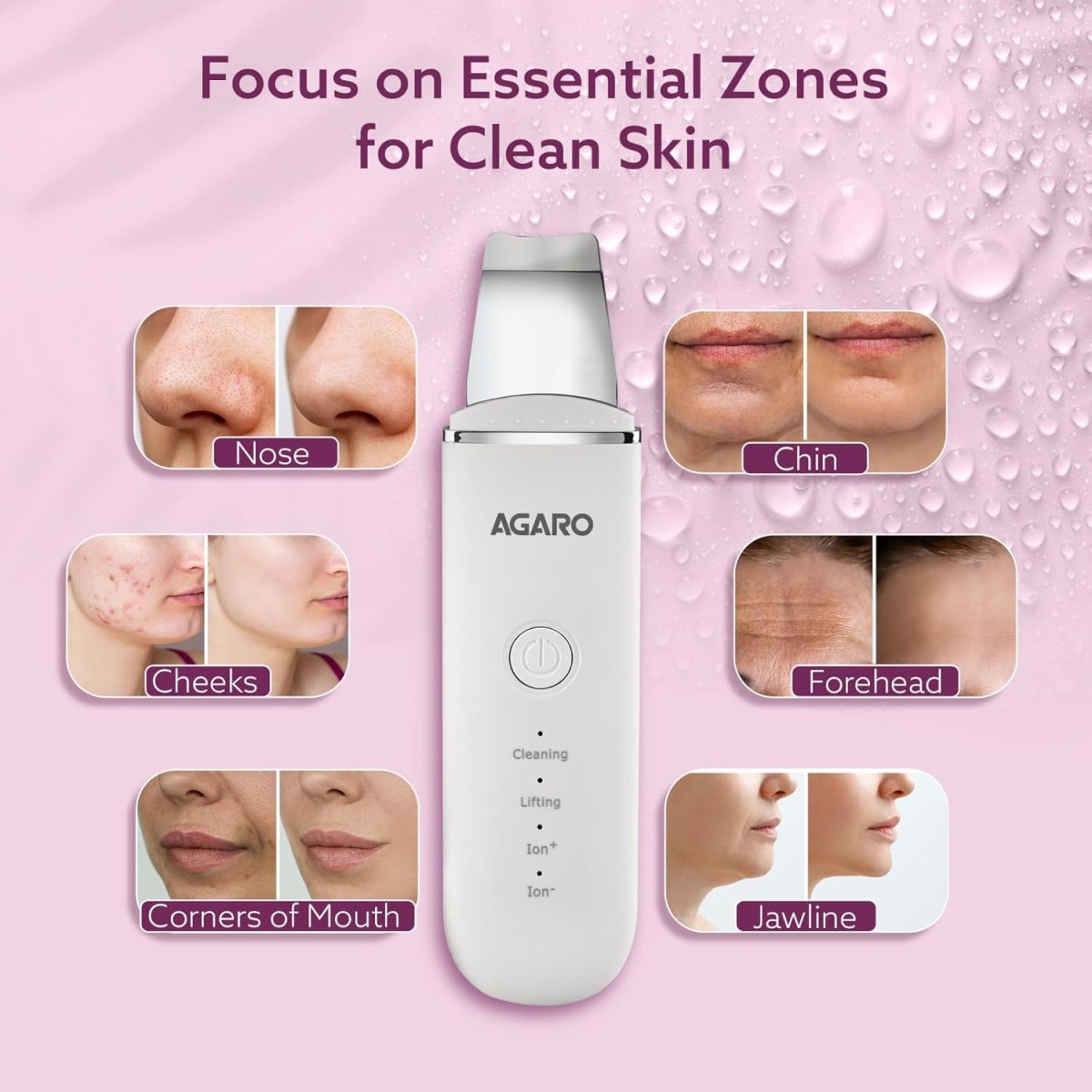 AGARO Ultrasonic Facial Skin Scrubber for Wet Skin, Blackheads Remover and Facial Pores Cleaner with 4 Modes, Stainless Steel Spatula Safe for Skin, 2 Silicone Covers Included, Rechargeable, White