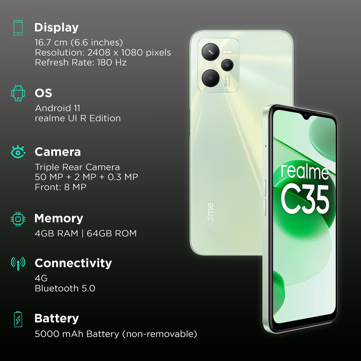 Realme C35 (Glowing Green, 4GB RAM, 64GB Storage) refurbished