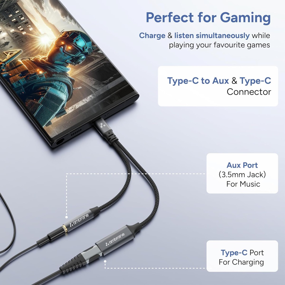 AMBRANE 2 in 1 Type C to 3.5mm AUX/C to C, Audio Jack Connector with DAC Headphone Converter