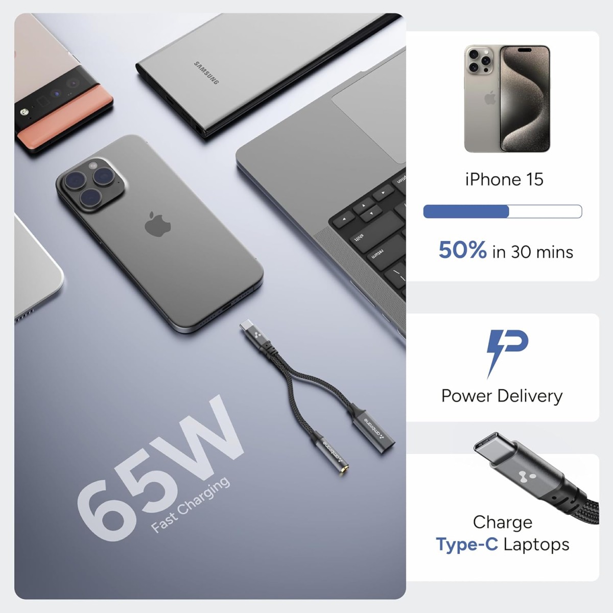 AMBRANE 2 in 1 Type C to 3.5mm AUX/C to C, Audio Jack Connector with DAC Headphone Converter