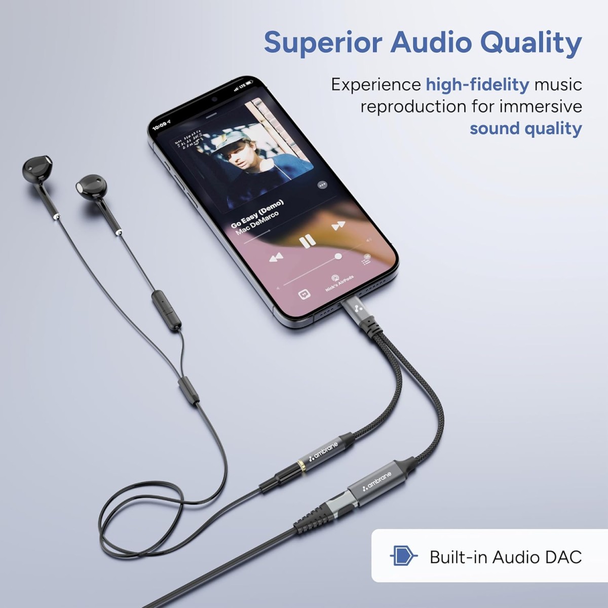 AMBRANE 2 in 1 Type C to 3.5mm AUX/C to C, Audio Jack Connector with DAC Headphone Converter