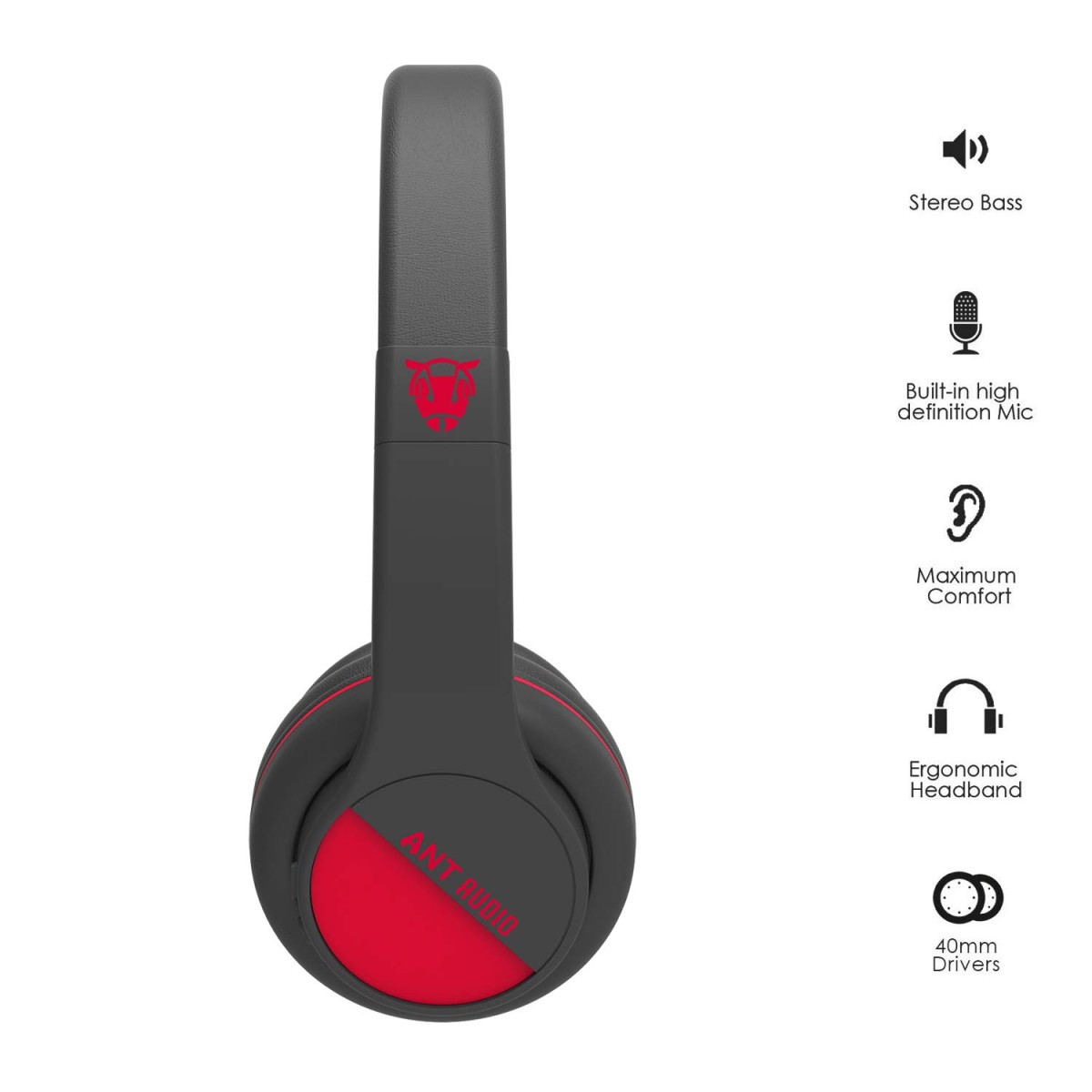 ANT Audio Treble 500 Wireless Bluetooth On Ear Headphone with Mic (Black and Red)