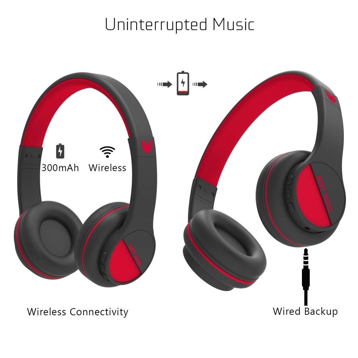 ANT Audio Treble 500 Wireless Bluetooth On Ear Headphone with Mic (Black and Red)