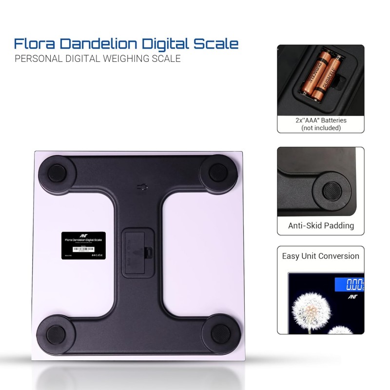 ANT Flora Dandelion Personal Digital Bathroom weighing scale for Human body Weight measurement with Wide LCD Display Thick Tampered Glass for Home & Gym with 30 Months Warranty - Black