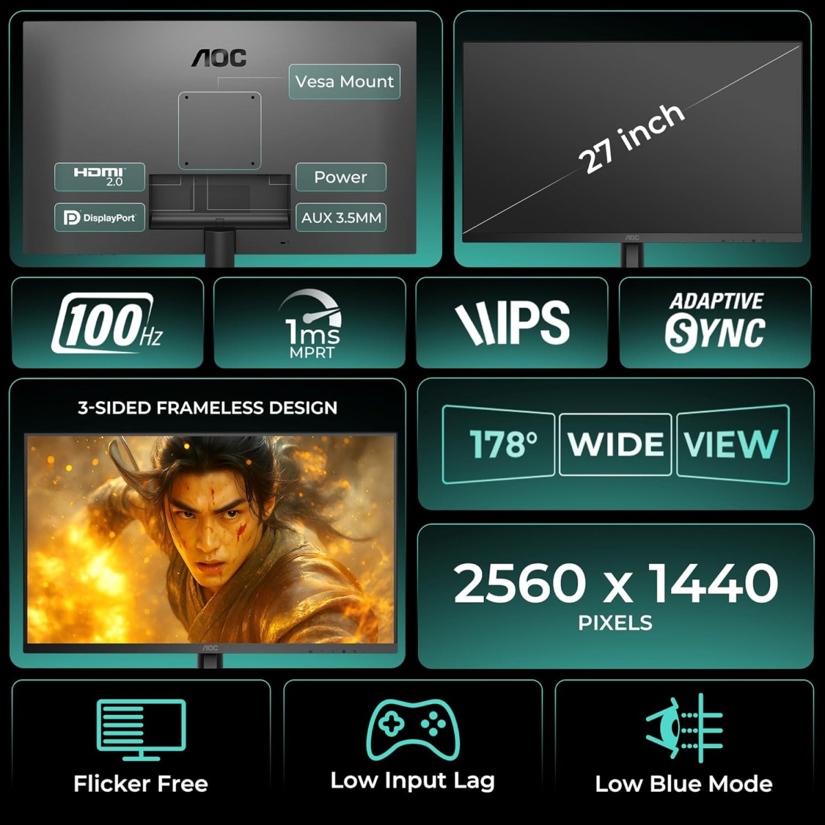 AOC Q27B3S2 Gaming Monitor 27 inch 2560 x 1440 Quad HD IPS Panel, 100Hz Refresh Rate, 1ms Responsre Time, Eye Care, Adaptive Sync, 178° Wide Viewing Angle, HDMI 1.4b Display Port 1.2a Connectivity AOC Q27B3S2 Gaming Monitor 27 inch 2560 x 1440 Quad HD IPS Panel, 100Hz Refresh Rate, 1ms Responsre Time, Eye Care, Adaptive Sync, 178° Wide Viewing Angle, HDMI 1.4b Display Port 1.2a Connectivity