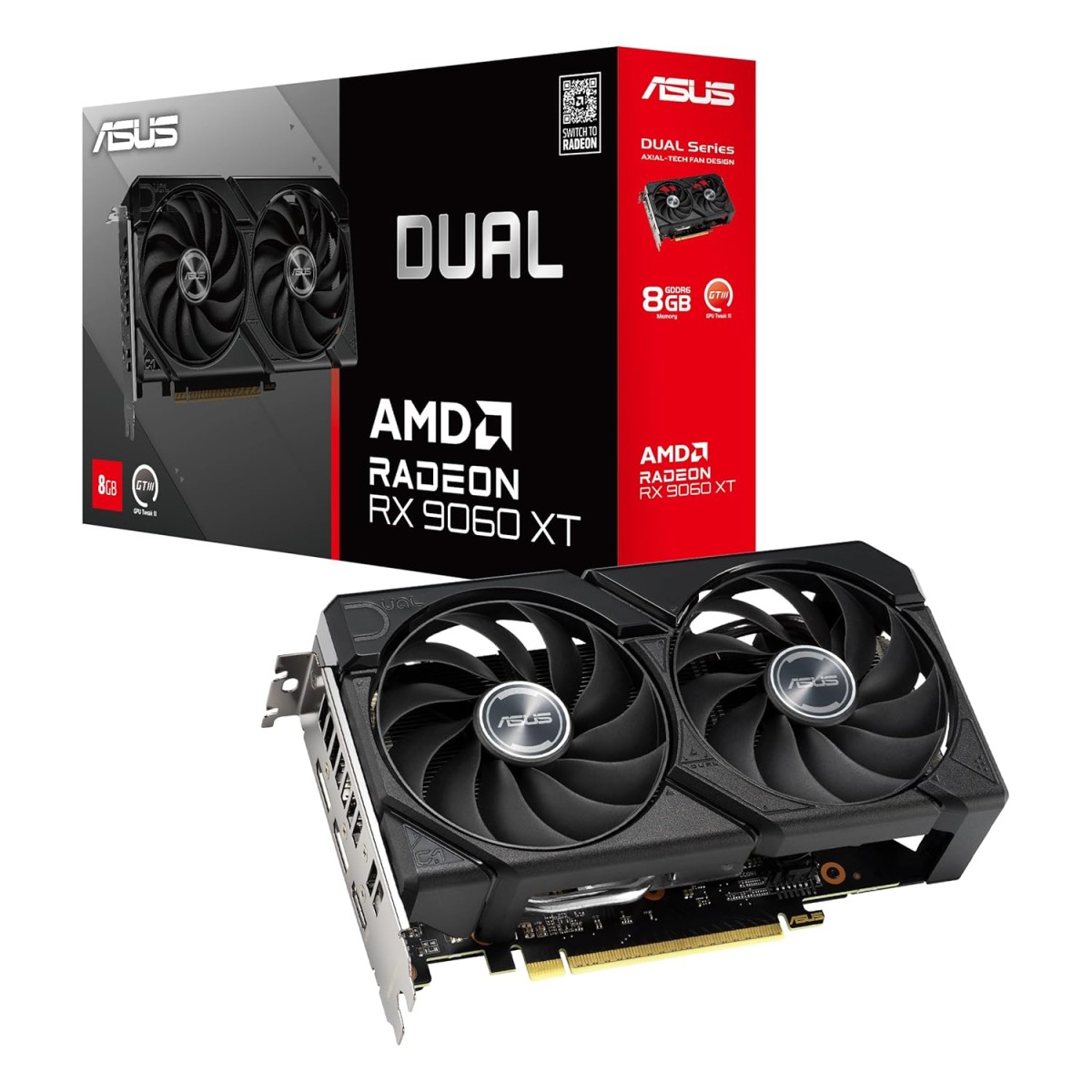 ASUS Dual Radeon RX 9060 XT 8GB GDDR7 Graphics Card, PCIe 5.0, HDMI 2.1b, DisplayPort 2.1a, 2.5-Slot Design, Axial-tech Fan Design, 0dB Technology ASUS Dual Radeon RX 9060 XT 8GB GDDR7 Graphics Card, PCIe 5.0, HDMI 2.1b, DisplayPort 2.1a, 2.5-Slot Design, Axial-tech Fan Design, 0dB Technology
