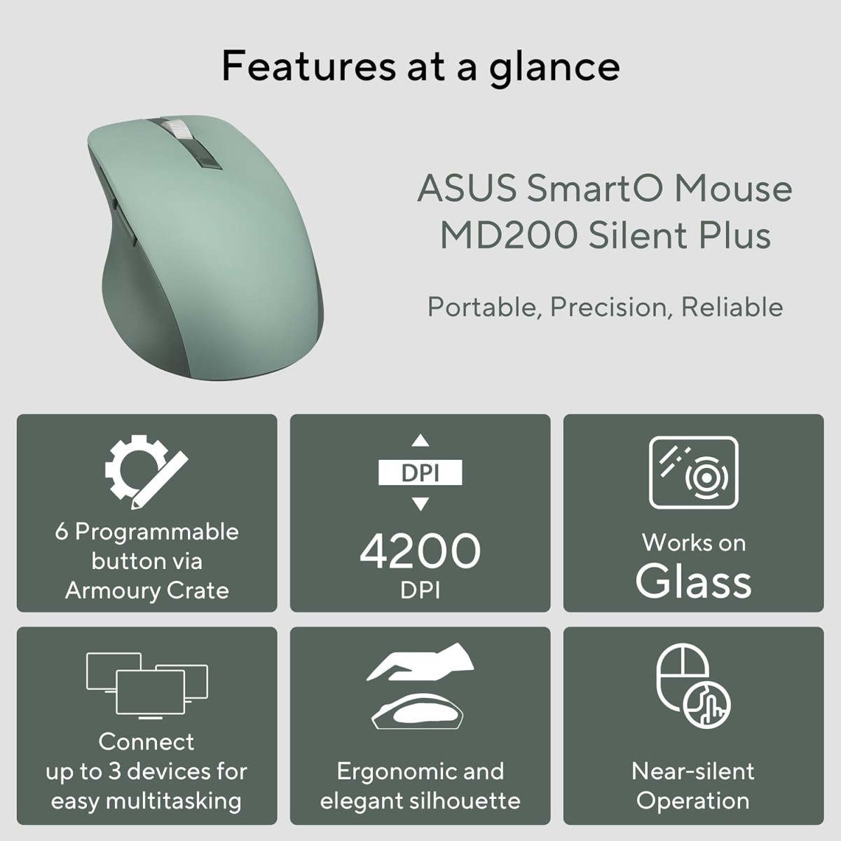 ASUS MD200 Mouse, Easy to Carry Wireless Mouse, 4200 DPI, Multi Device Connect/Bluetooth, USB Silent Mouse (Green Tea Latte)