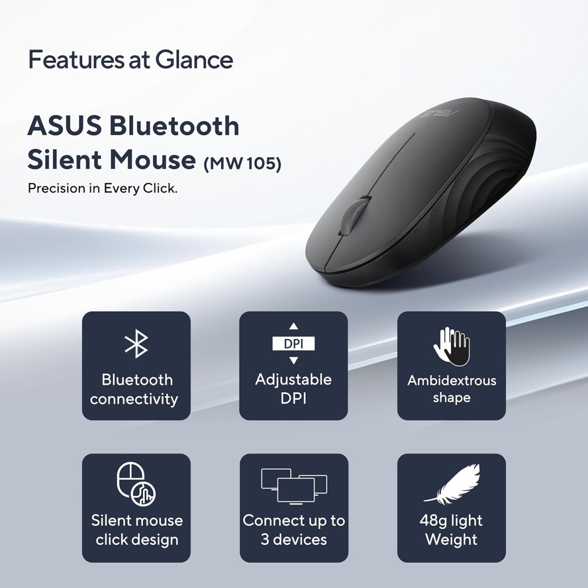 ASUS MW105 Multi-Device Wireless Bluetooth Silent Mouse, Adjustable DPI, Ambidextrous Shape, Connects Upto 3 Devices, Optical Tracking, Compatible with PC/Laptop- (Black) 48 Grams, 3 Year Warranty