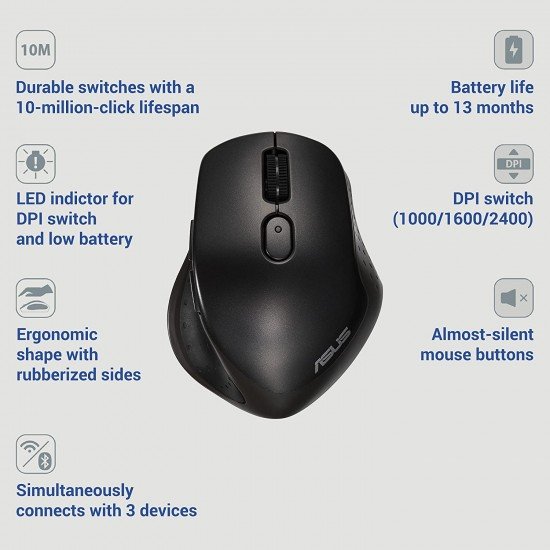 ASUS MW203 Multi-Device Wireless Silent Mouse 2.4GHz with USB Nano Receiver Black 