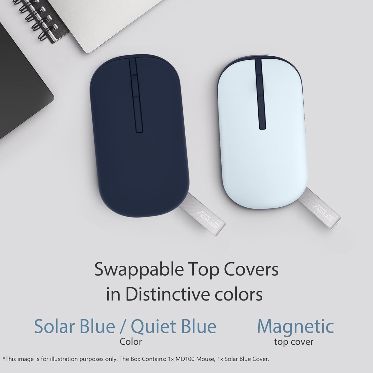 ASUS Marshmallow MD100 /Adj. DPI,2 in 1 Color with Swappable Magnetic top,Silent Wireless Ambidextrous Optical Mouse with Bluetooth (Quite Blue, Solar Blue)