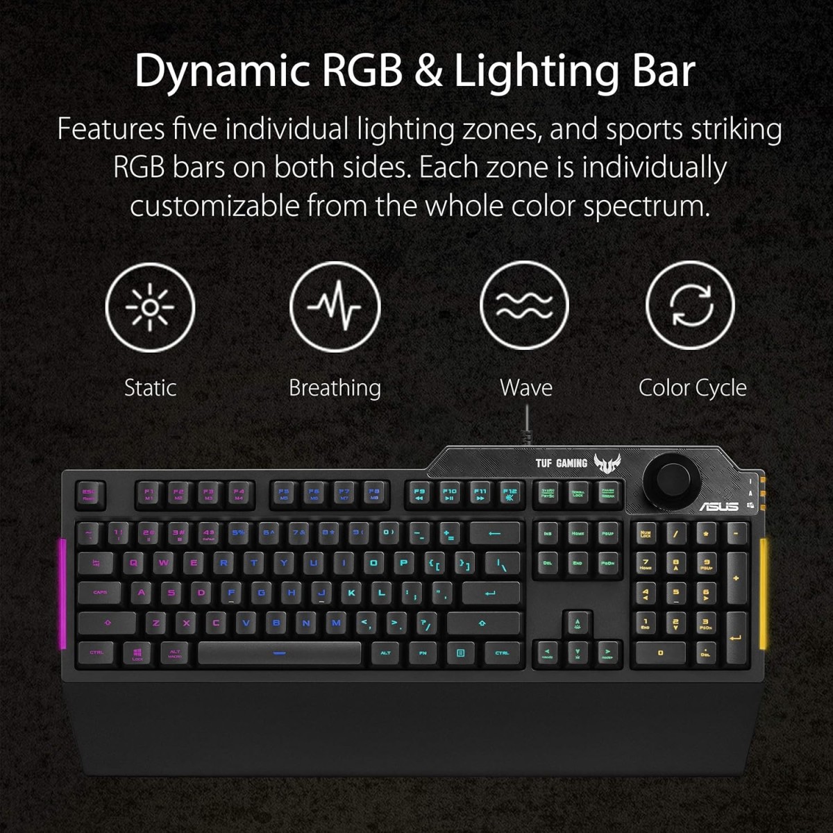 ASUS Membrane USB Gaming Keyboard for PC - TUF K1 Programmable, Onboard Memory with Dedicated Volume Knob, Aura Sync RGB and Side Lighting Detachable Wrist Rest Spill-Resistant (Black) ASUS Membrane USB Gaming Keyboard for PC - TUF K1 Programmable, Onboard Memory with Dedicated Volume Knob, Aura Sync RGB and Side Lighting Detachable Wrist Rest Spill-Resistant (Black)
