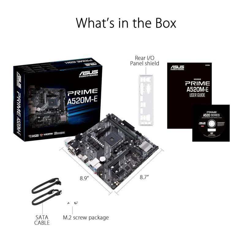 ASUS Prime A520M-E (AMD AM4 Socket for AMD Ryzen 5000/5000 G/ 4000 G/ 3000) DDR4 Micro ATX Motherboard with M.2 Support 1Gb Ethernet HDMI/DVI/D-Sub SATA 6Gbps and USB 3.2 Gen2 Type-A ASUS Prime A520M-E (AMD AM4 Socket for AMD Ryzen 5000/5000 G/ 4000 G/ 3000) DDR4 Micro ATX Motherboard with M.2 Support 1Gb Ethernet HDMI/DVI/D-Sub SATA 6Gbps and USB 3.2 Gen2 Type-A