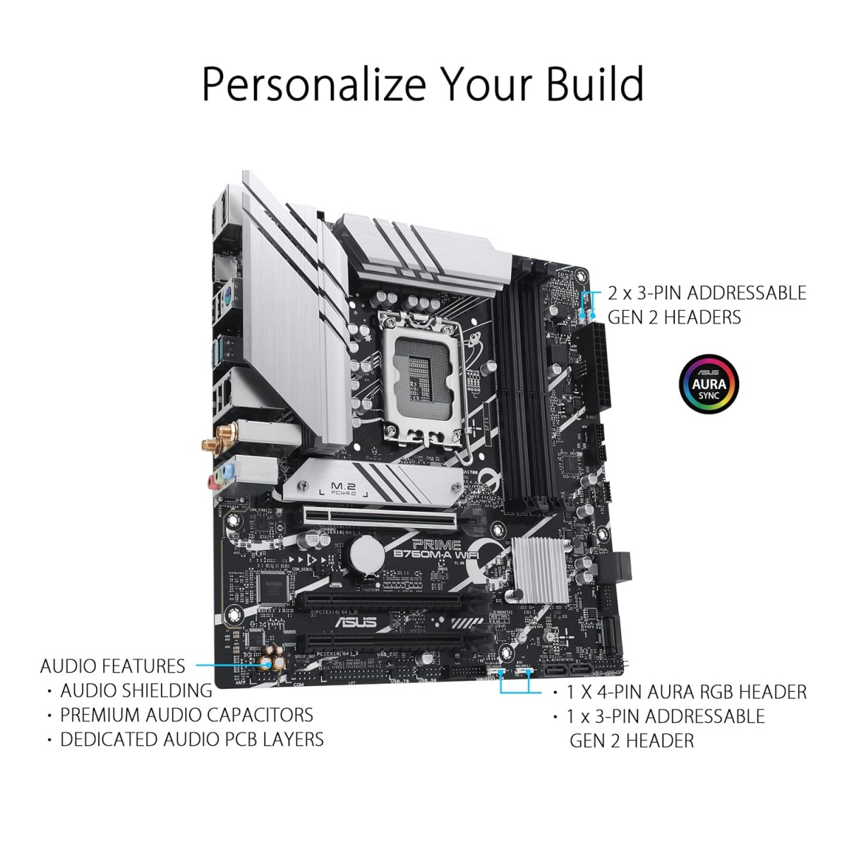 ASUS Prime B760M-A WiFi Intel LGA 1700 mATX Motherboard with PCIe 4.0, DDR5, Two M.2 Slots, 2.5Gb Ethernet, Wi-Fi 6, DisplayPort, HDMI, SATA 6Gbps, Rear USB 3.2 Gen 2, Front USB 3.2 Gen 1 Type-C ASUS Prime B760M-A WiFi Intel LGA 1700 mATX Motherboard with PCIe 4.0, DDR5, Two M.2 Slots, 2.5Gb Ethernet, Wi-Fi 6, DisplayPort, HDMI, SATA 6Gbps, Rear USB 3.2 Gen 2, Front USB 3.2 Gen 1 Type-C