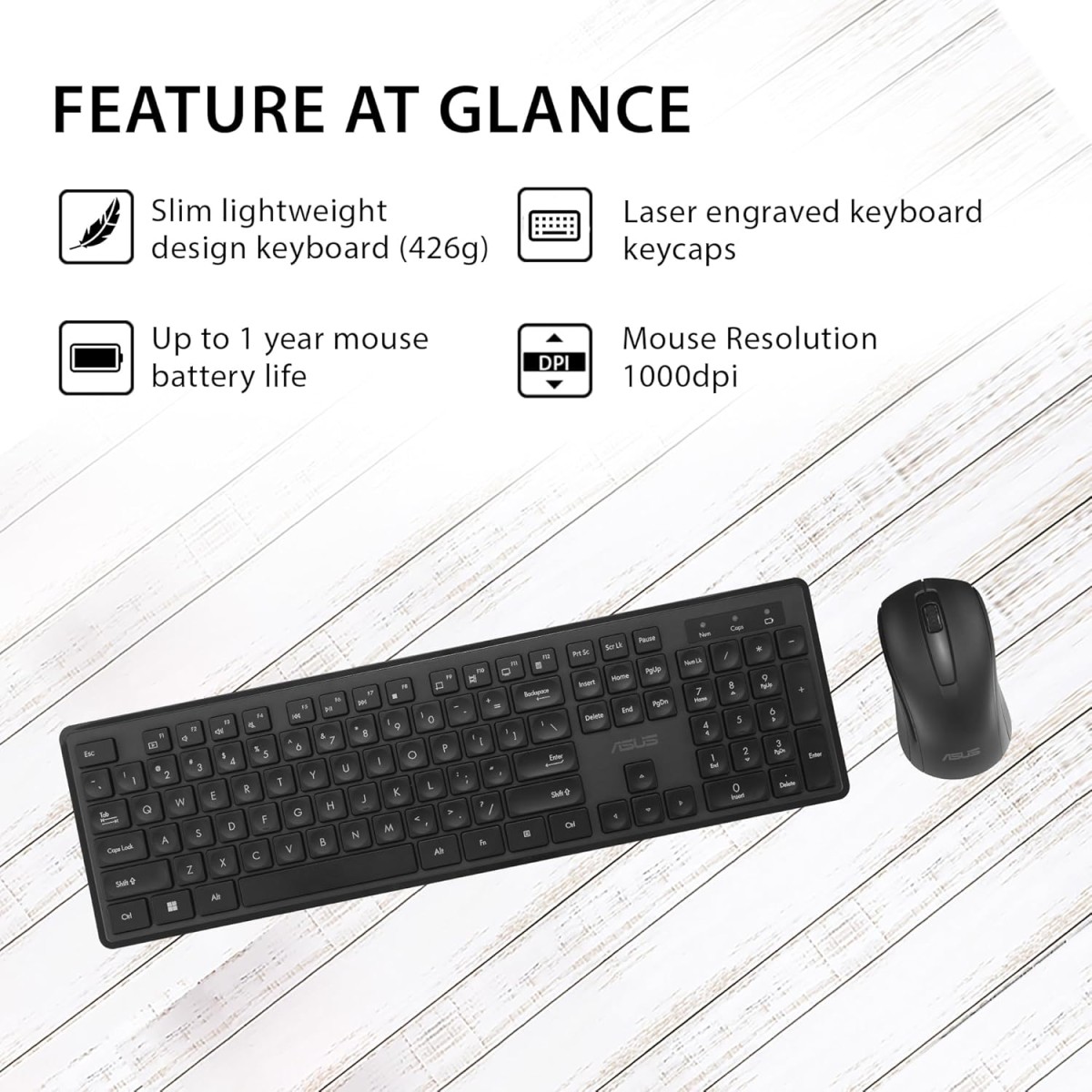 ASUS Wireless Keyboard and Mouse Set CW101, Upto 1000 Adjustable DPI,2.4 GHz Nano Receiver, Gaming-Grade,