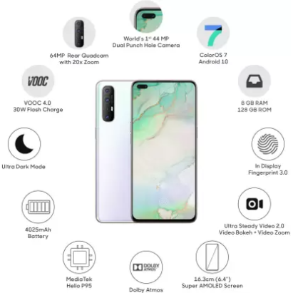 OPPO Reno3 Pro (Sky White, 256 GB)  (8 GB RAM) Refurbished