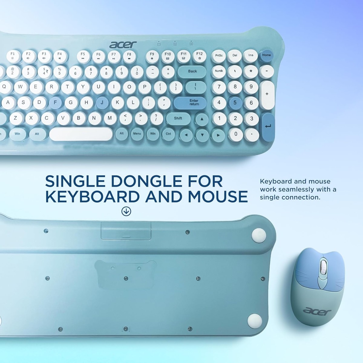 Acer CUTEO 2.4GHz Wireless Keyboard & Mouse Combo I Retro Style Round Keys I 98 Keys Integrated Multimedia Keys I 1200 DPI, High Precision