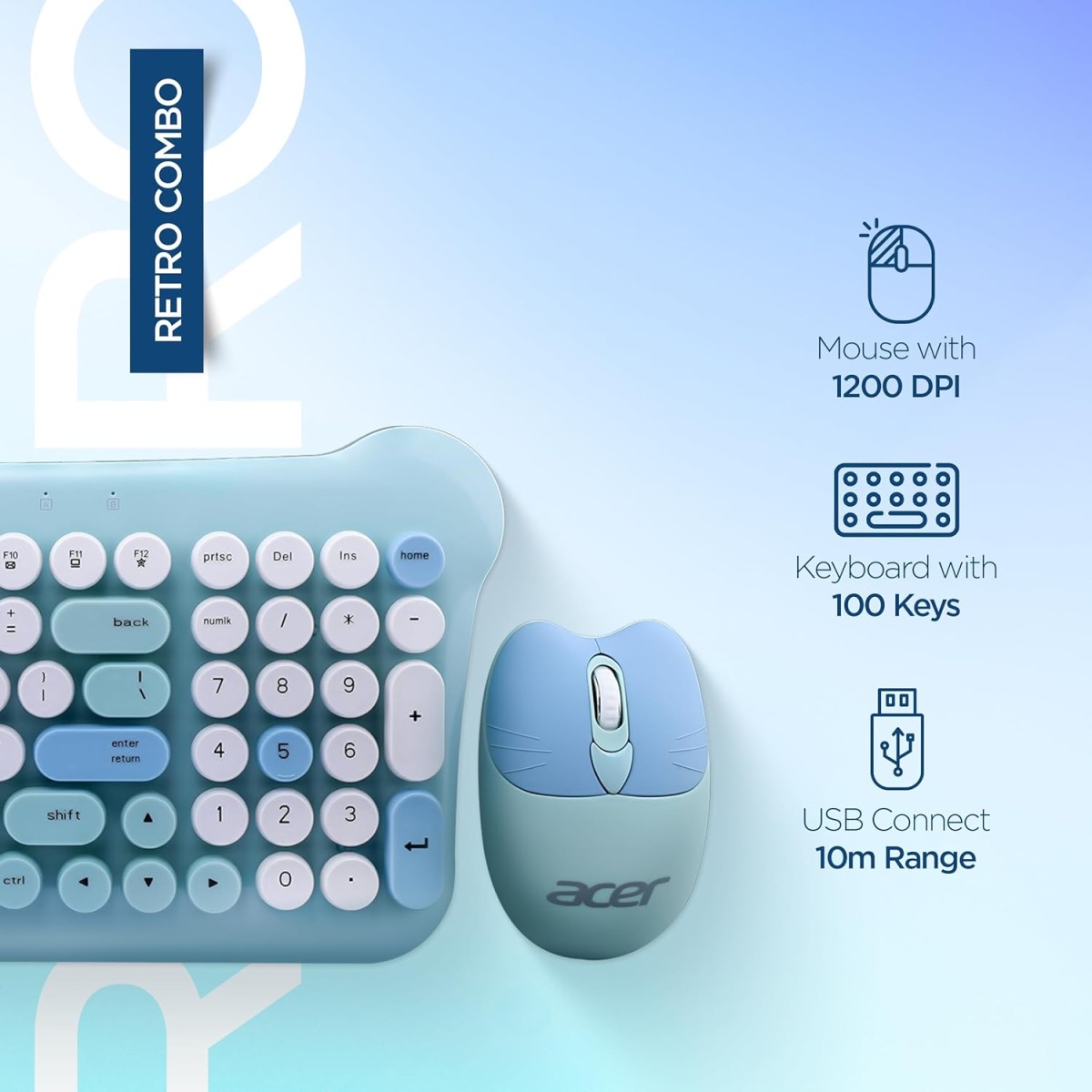 Acer CUTEO 2.4GHz Wireless Keyboard & Mouse Combo I Retro Style Round Keys I 98 Keys Integrated Multimedia Keys I 1200 DPI, High Precision