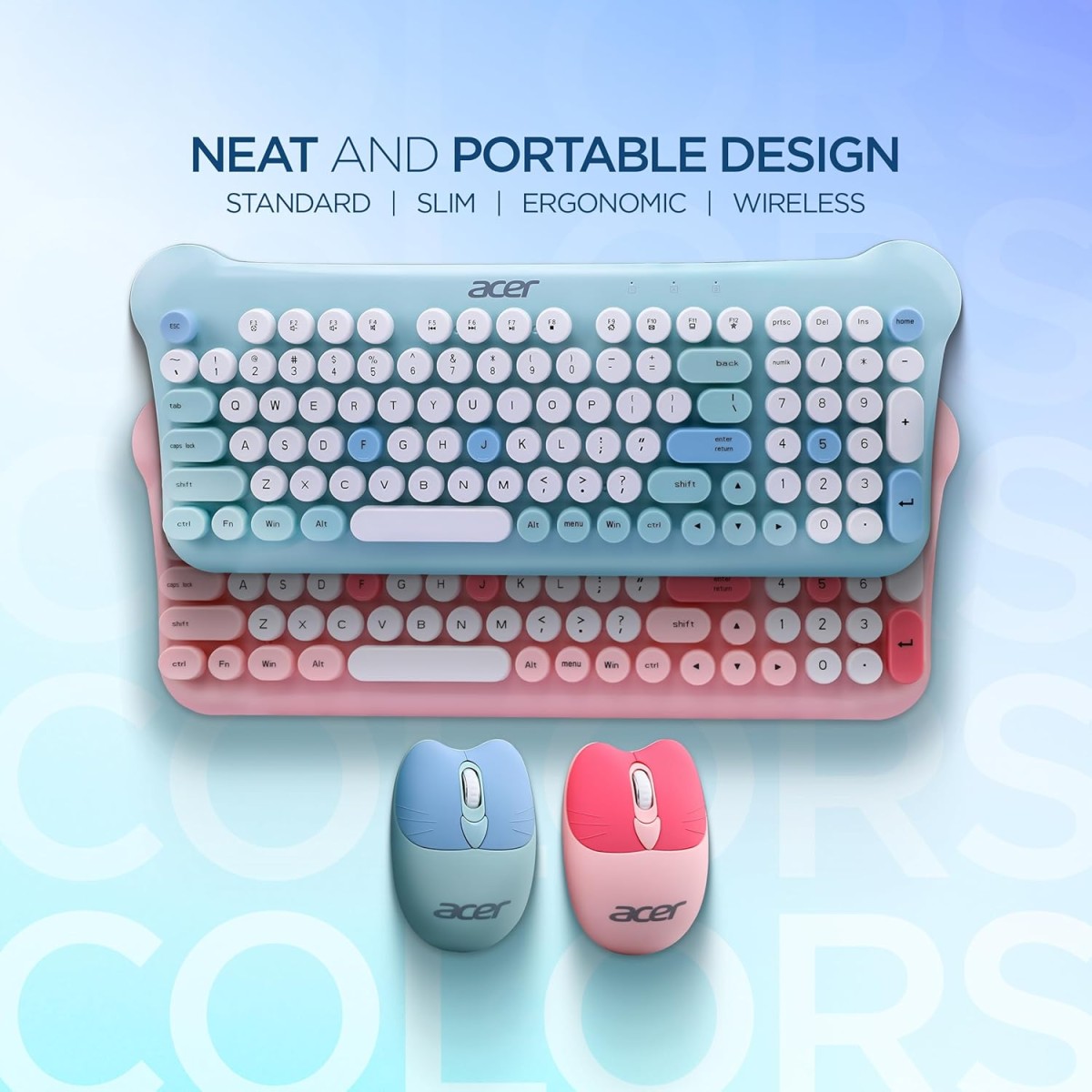 Acer CUTEO 2.4GHz Wireless Keyboard & Mouse Combo I Retro Style Round Keys I 98 Keys Integrated Multimedia Keys I 1200 DPI, High Precision