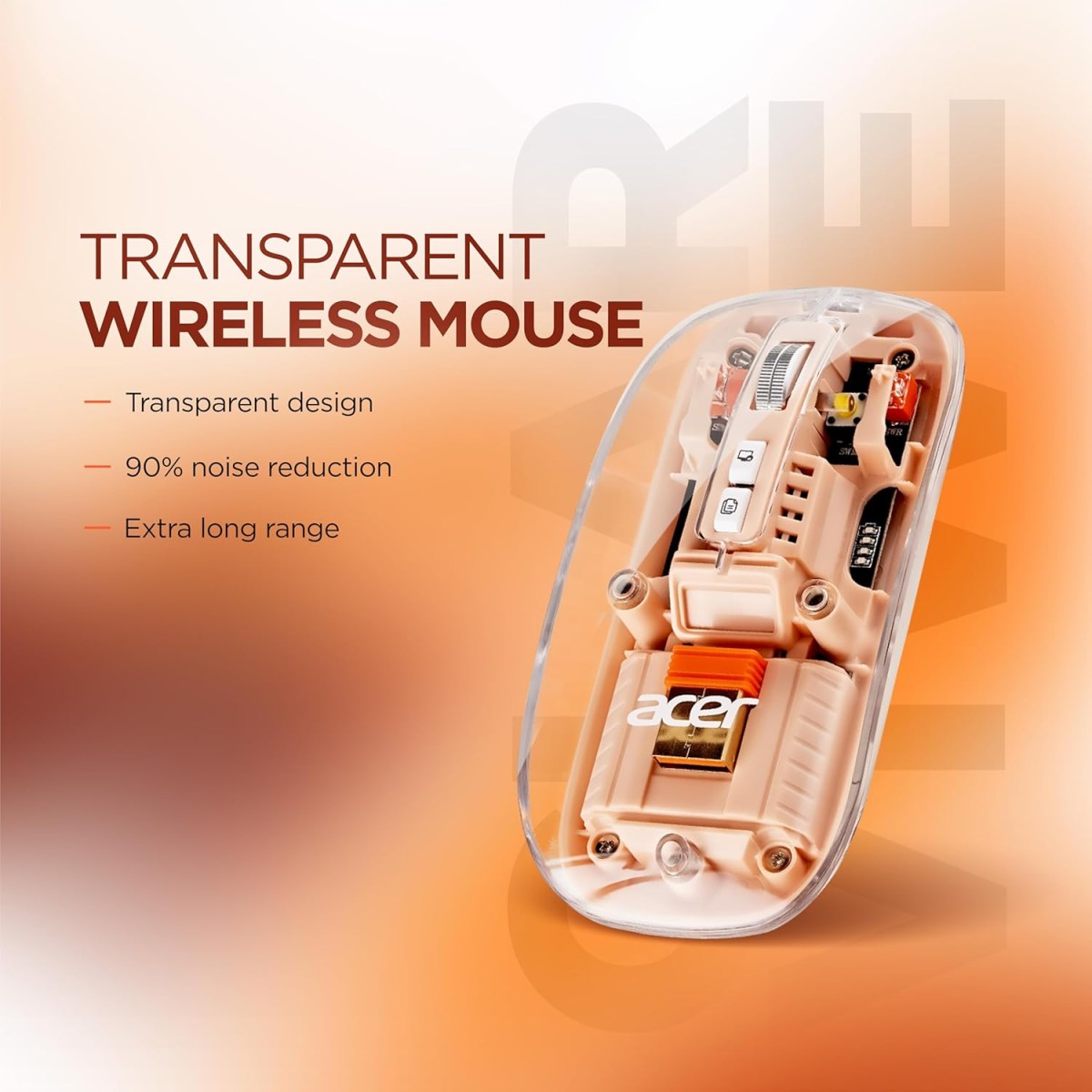Acer Clearview Transparent Wireless Mouse with Triple-Mode Connectivity, Silent Click Tech, Metal Scroll Wheel,1600 DPI Optical Sensor, USB-C Charging, Compatible Windows, MacOS, iOS, Android-Peach
