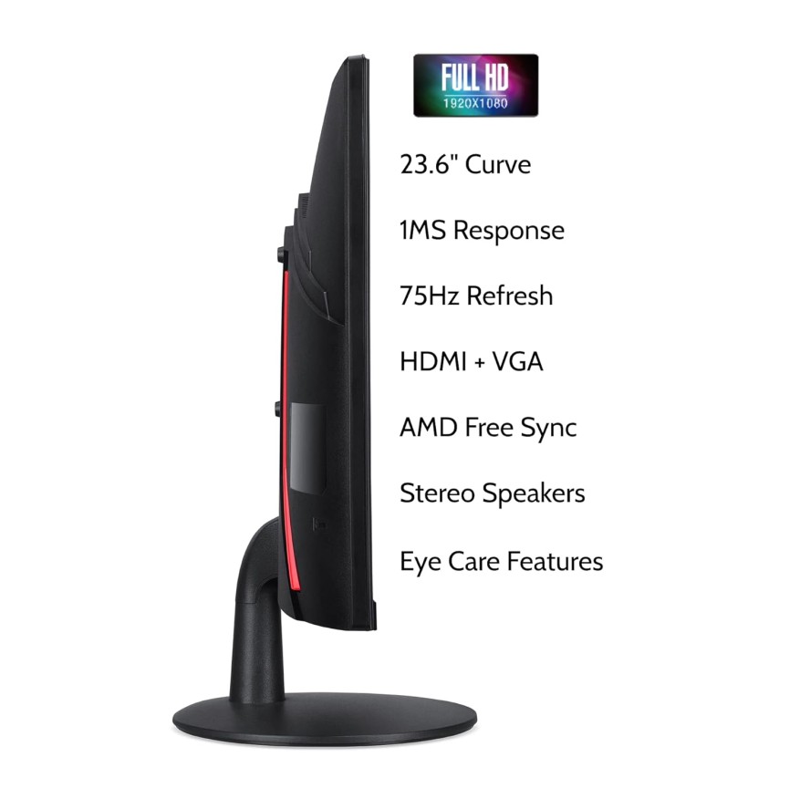 Acer ED240Q 23.6 inch (59.94 cm) LED 1920 x 1080 Pixels Full HD Backlit LED Curved Monitor LCD VA Panel Monitor| 250 Nits Brightness| 1500R I 1MS, 75Hz Refresh Rate| HDMI & VGA | Black